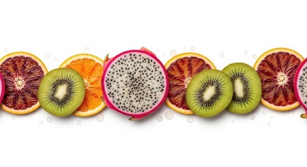 Fresh fruit slices, kiwi, dragon fruit, citrus, healthy food © sumaiya