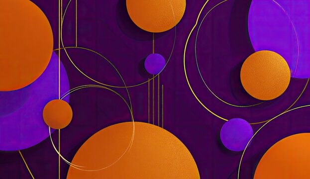 Abstract background of purple and orange circles with thin golden lines