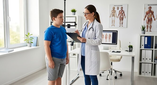 Female doctor consulting with a young boy in a medical office