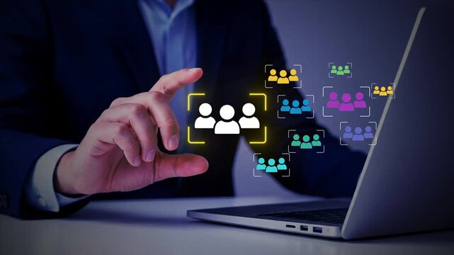 Niche Marketing and Customer Segmentation or personalization concept. Marketing segmentation strategy and consumer analysis. Marketer using laptop computer to analyze target customer data.