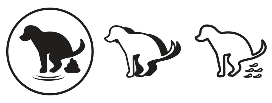 Silhouette icon of a dog defecating, with a pile of feces. Vector illustration.