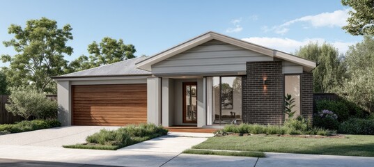 Fototapeta premium Modern single-story house with wood garage door, brick accents, and manicured landscaping