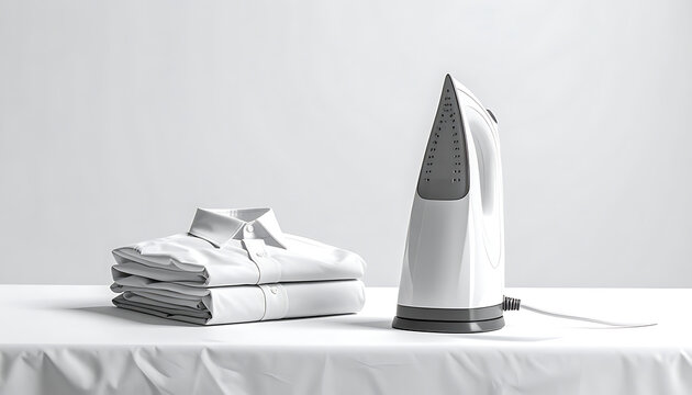 Modern electric iron and a neat stack of freshly ironed white shirts on a draped table, laundry room setup