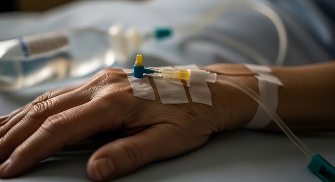 Patient hand with intravenous catheter for medical treatment
