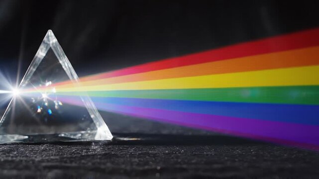 Clear glass prism refracting white light into vibrant rainbow spectrum on dark surface
