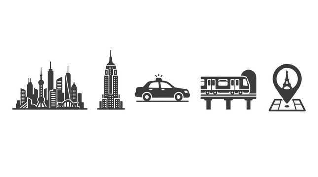City Skyline, Police Car, Subway Train, and Paris Landmark Icon on White Background