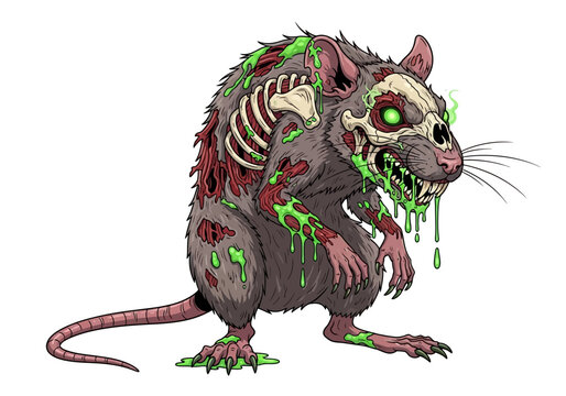 A terrifying zombie rat illustration with glowing green slime and exposed skeletal features.