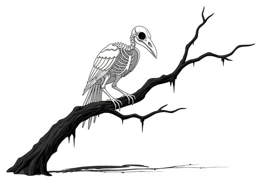 A skeletal bird perched on a gnarled dead tree branch.