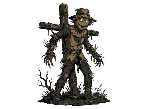 Sinister animated scarecrow with glowing eyes and wooden cross frame.