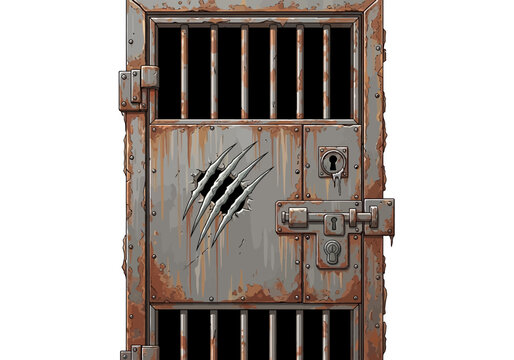 A weathered metal prison door featuring deep claw marks and rusted iron bars.