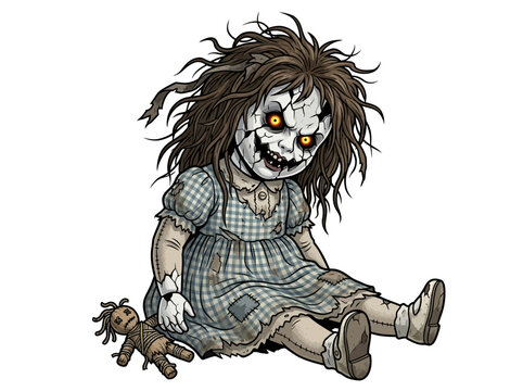Creepy possessed doll with wild hair and a sinister grin.
