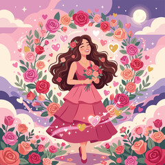Fototapeta premium Happy woman with roses in a romantic floral garden