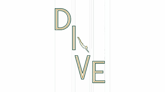 Minimalist vector typography design featuring the word DIVE with a stylized human figure diving in place of the letter I on a white background