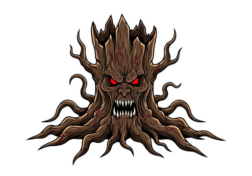 A menacing evil tree monster with glowing red eyes and sharp fangs.