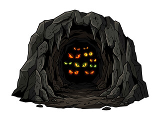 A dark rocky cave entrance filled with glowing eyes of hidden creatures.