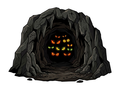 A dark rocky cave entrance filled with glowing eyes of hidden creatures.