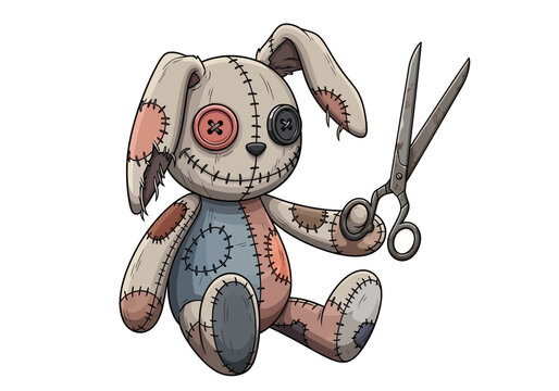 Creepy stitched rag doll rabbit holding sharp metal scissors.