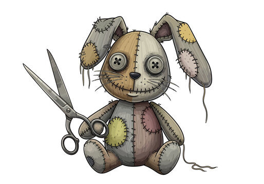 Creepy stitched rag doll rabbit holding a pair of sharp metal scissors.