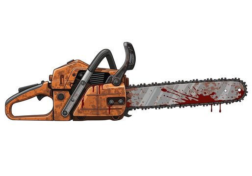 A weathered orange chainsaw covered in blood splatters isolated on white.