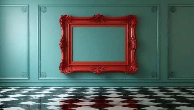 Ornate red frame on teal wall above a checkered floor