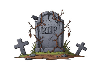 Obraz premium A weathered stone tombstone with a crow perched on top in a graveyard.