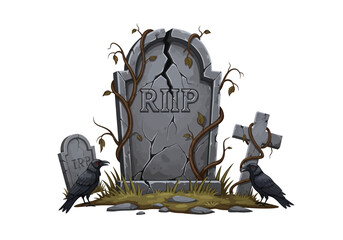 Obraz premium A spooky graveyard scene featuring a cracked tombstone and two black ravens.
