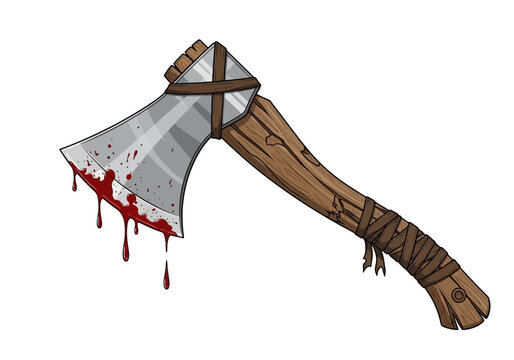 A hand drawn illustration of a bloody battle axe with a wooden handle.