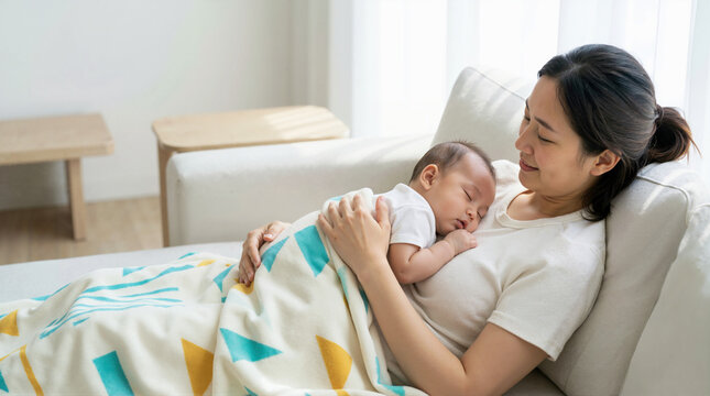 Mother holding her sleeping baby on her chest while sitting on a sofa. Woman embracing her infant covered with a patterned blanket in a bright living room