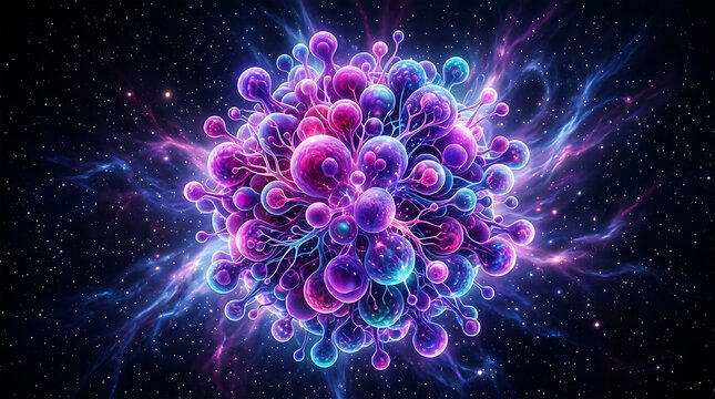 Abstract glowing purple and blue organic cluster in starry nebula alien amorphous