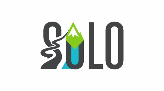 Solo word logo design featuring a stylized mountain peak and a winding river path integrated into the typography on a clean white background