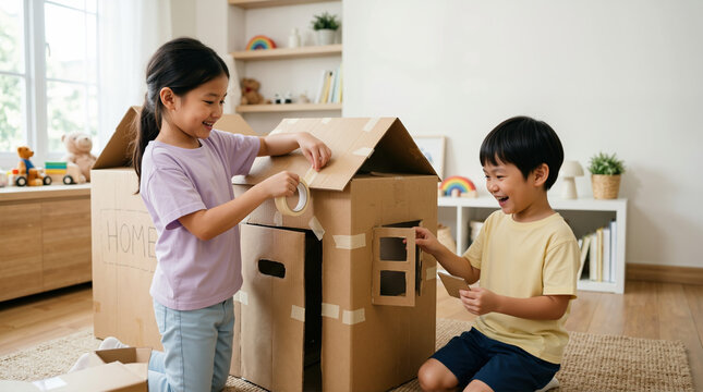 East Asian children building a playhouse from cardboard boxes indoors. Creative kids constructing a toy house with tape in a living room. Imagination and DIY craft concept