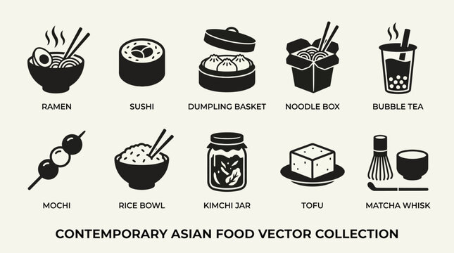 Contemporary Asian food silhouette vector collection featuring ramen bowl  sushi roll  dumpling basket  noodle box  bubble tea cup  mochi dessert  rice bowl  kimchi jar  tofu block  and matcha whisk