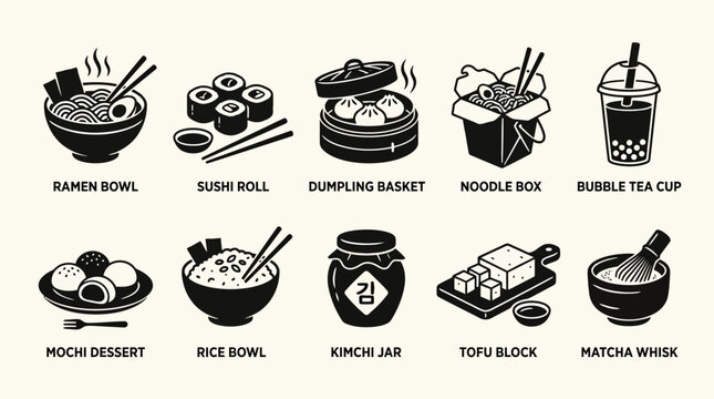 Contemporary Asian food silhouette vector collection featuring ramen bowl  sushi roll  dumpling basket  noodle box  bubble tea cup  mochi dessert  rice bowl  kimchi jar  tofu block  and matcha whisk