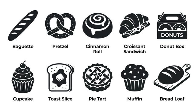 Flat silhouette vector icon set inspired by modern bakery products: baguette, pretzel, cinnamon roll, croissant sandwich, donut box, cupcake, toast slice, pie tart, muffin, and bread loaf