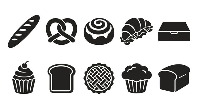 Flat silhouette vector icon set inspired by modern bakery products: baguette, pretzel, cinnamon roll, croissant sandwich, donut box, cupcake, toast slice, pie tart, muffin, and bread loaf
