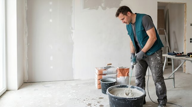 Man mixing plaster in a bucket with an electric power mixer. Construction and home renovation concept. Worker preparing mortar for wall finishing