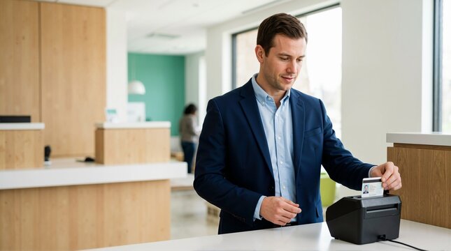 Man scanning ID card at service counter in modern bank. Professional businessman using identification reader in office reception. Security and banking transaction concept