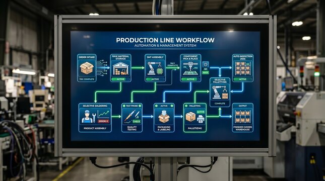 Digital &ldquo;Production Line&rdquo; workflow diagram, displaying connected tasks and automation icons, manufacturing process management and efficiency concept