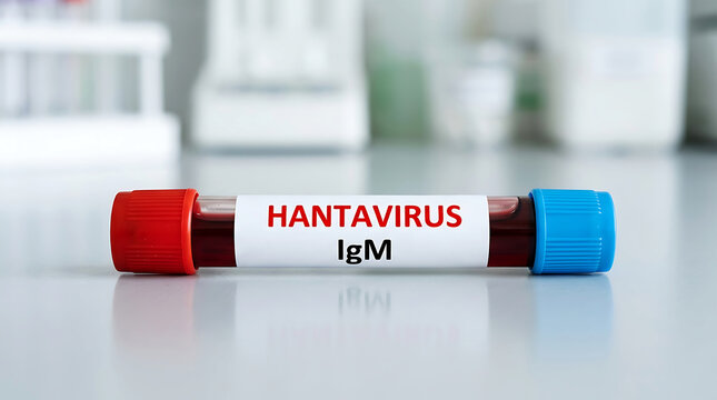 Medical test tube labeled H A N T A V I R U S Ig M with red and blue caps hantavirus 1