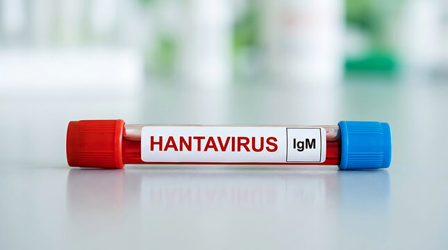 Medical test tube labeled H A N T A V I R U S Ig M with red and blue caps hantavirus