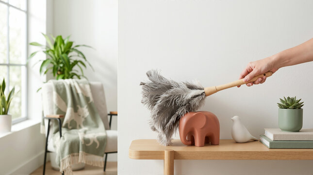 Hand using ostrich feather duster to clean elephant figurine. Dusting minimalist animal decor on wooden table in bright modern living room. Home cleaning concept with copy space