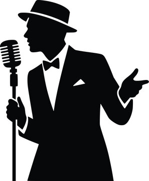 Vintage Gentleman Announcer with Microphone Silhouette Vector Illustration