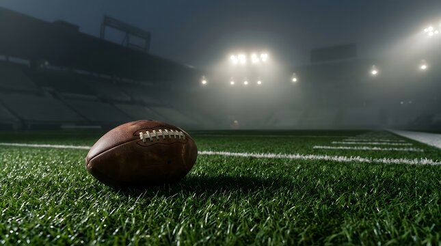 American football resting on field under stadium lights