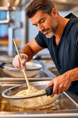 Fototapeta premium Man straining cooked pasta in a professional kitchen using a sieve and wooden spoon