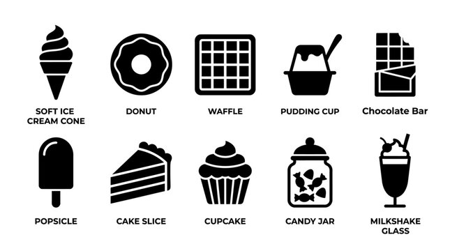 Modern dessert silhouette flat icon set including soft ice cream cone  donut  waffle  pudding cup  chocolate bar  popsicle  cake slice  cupcake  candy jar  and milkshake glass
