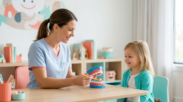 Pediatrician showing anatomical teeth model to a young girl. Female healthcare professional teaching oral hygiene to child patient in a bright clinic. Dental health education concept