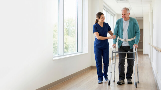 Physiotherapist helping elderly patient walk with a walker in hospital corridor. Senior man in rehabilitation after surgery. Physical therapy and recovery concept
