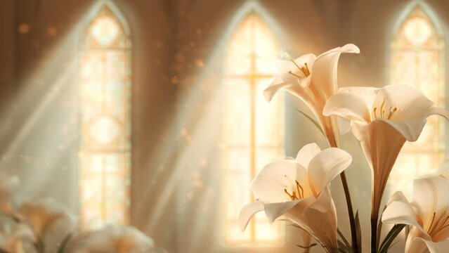 White lilies in front of stained glass windows with sunlight streaming through in a church interior