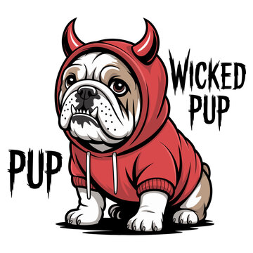 Cute English bulldog puppy wearing a red devil horn hoodie with Wicked Pup text, cartoon vector illustration isolated on white background