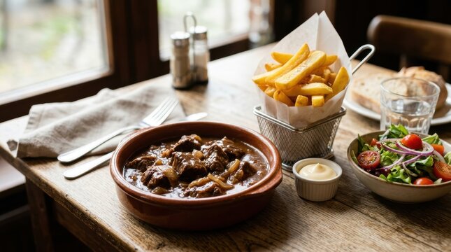 Belgian beef stew stoofvlees with french fries and mayonnaise. Traditional flemish meat dish with side salad and bread. Hearty dinner served on a wooden table